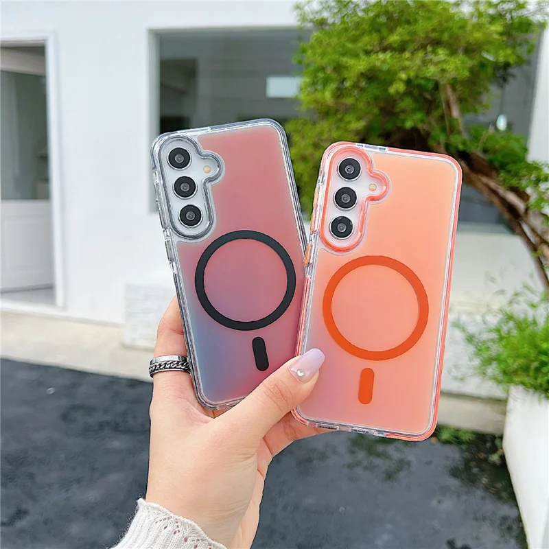 For Samsung Galaxy S26 Magnetic Case Laser Color Changing PC TPU Phone Protection Cover - Orange