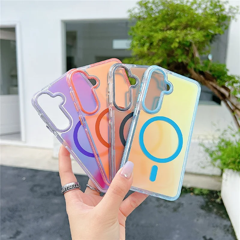 For Samsung Galaxy S26 Magnetic Case Laser Color Changing PC TPU Phone Protection Cover - Orange