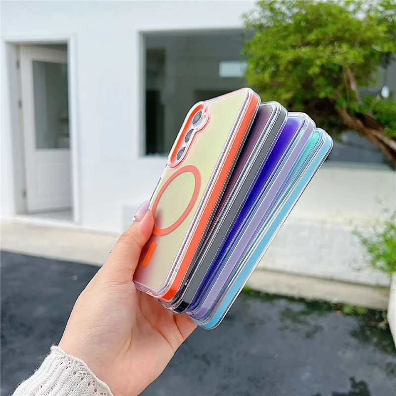 For Samsung Galaxy S26 Magnetic Case Laser Color Changing PC TPU Phone Protection Cover - Orange
