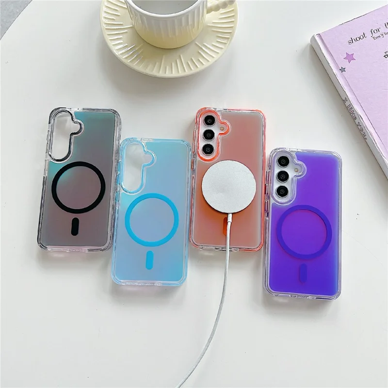 For Samsung Galaxy S26+ Magnetic Case Laser Color Changing PC TPU Phone Protection Cover - Orange