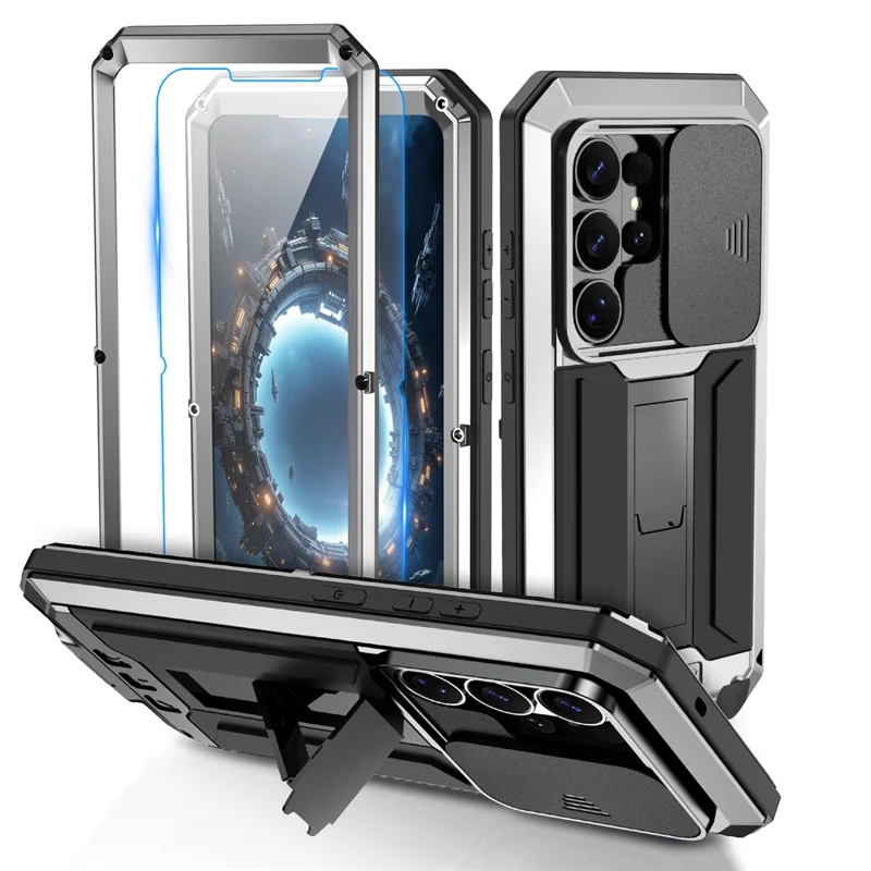 R-JUST For Samsung Galaxy S26 Ultra Case PC + Silicone + Metal Back Cover with Tempered Glass Film - Silver