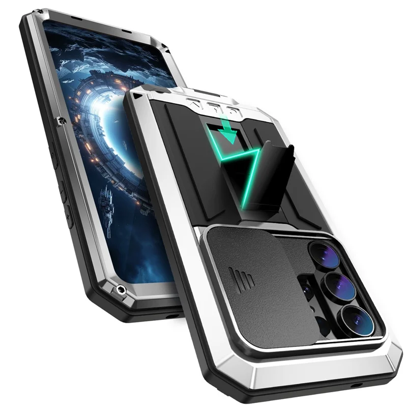 R-JUST For Samsung Galaxy S26 Ultra Case PC + Silicone + Metal Back Cover with Tempered Glass Film - Silver