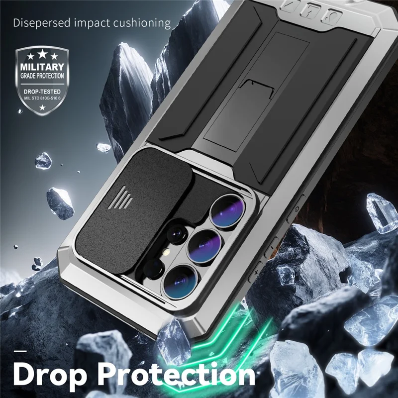 R-JUST For Samsung Galaxy S26 Ultra Case PC + Silicone + Metal Back Cover with Tempered Glass Film - Silver