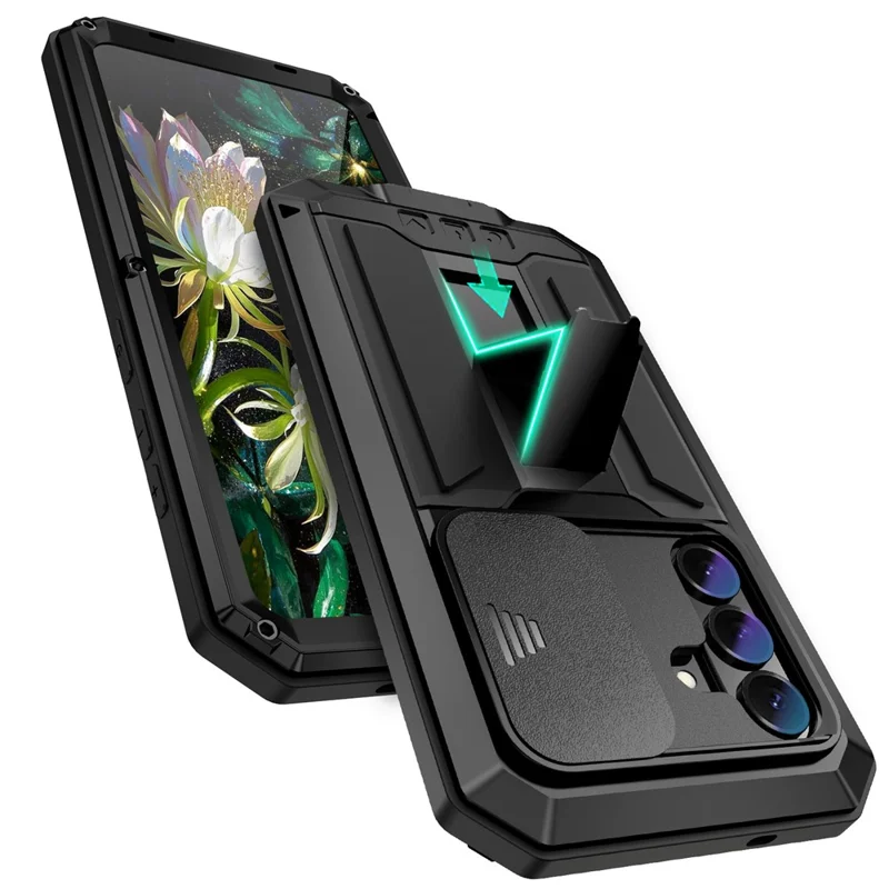 R-JUST For Samsung Galaxy S26 Case PC + Silicone + Metal Back Cover with Tempered Glass Film - Black