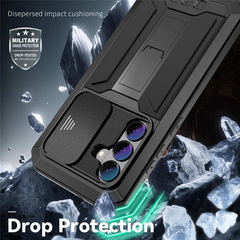 R-JUST For Samsung Galaxy S26 Case PC + Silicone + Metal Back Cover with Tempered Glass Film - Black