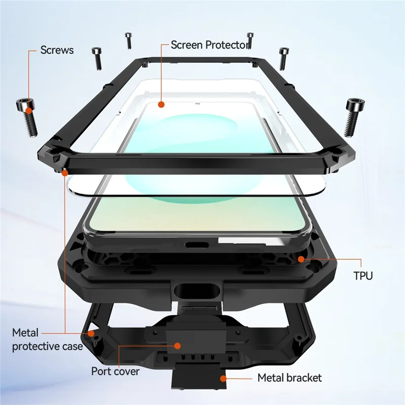 R-JUST For Samsung Galaxy S26 Case PC + Silicone + Metal Back Cover with Tempered Glass Film - Black