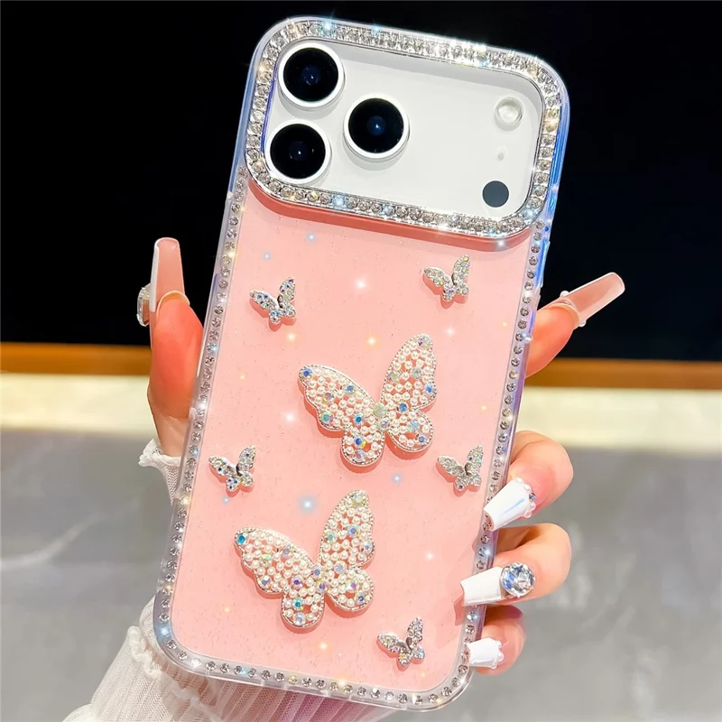 For iPhone 17 Pro Max Case Shiny Butterfly Decor Rhinestone Glitter IMD PC + TPU Phone Cover - Glitter / Light Pink