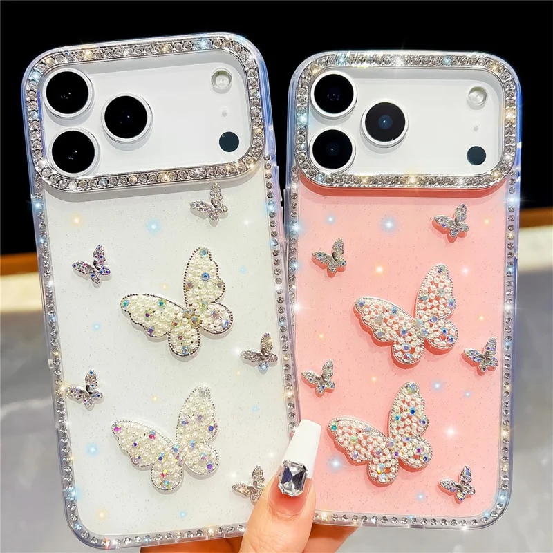 For iPhone 17 Pro Max Case Shiny Butterfly Decor Rhinestone Glitter IMD PC + TPU Phone Cover - Glitter / Light Pink