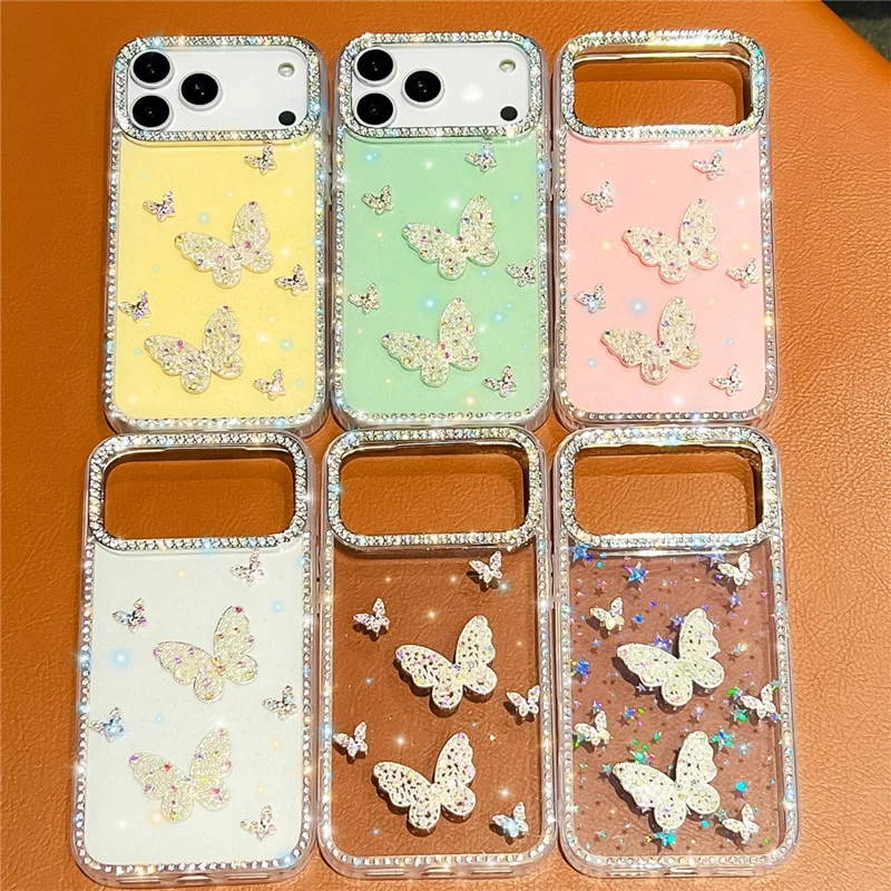 For iPhone 17 Pro Max Case Shiny Butterfly Decor Rhinestone Glitter IMD PC + TPU Phone Cover - Glitter / Light Pink