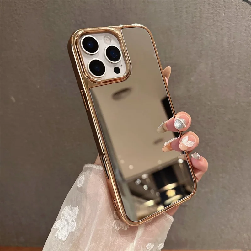 Für iPhone 16 Pro TPU-Hülle mit Galvanik-Beschichtung und Schminkspiegel - Gold