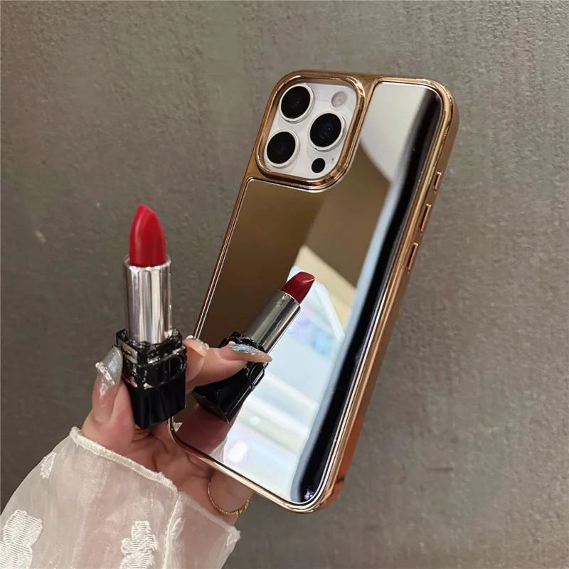 Für iPhone 16 Pro TPU-Hülle mit Galvanik-Beschichtung und Schminkspiegel - Gold