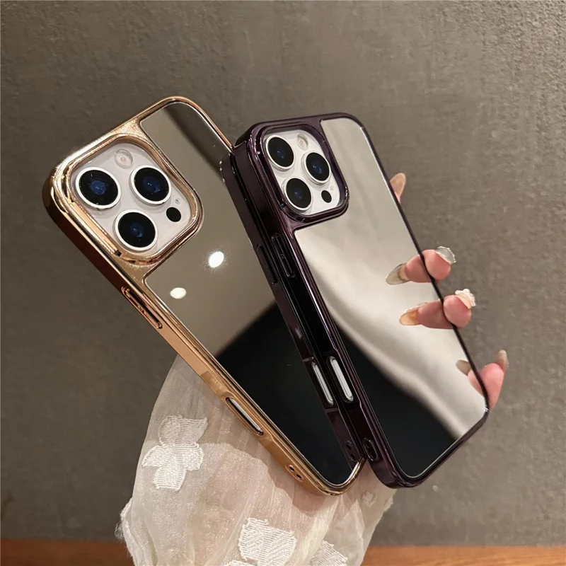 Für iPhone 16 Pro Max TPU Hülle Galvanik Make-up Spiegel Handyhülle - Gold