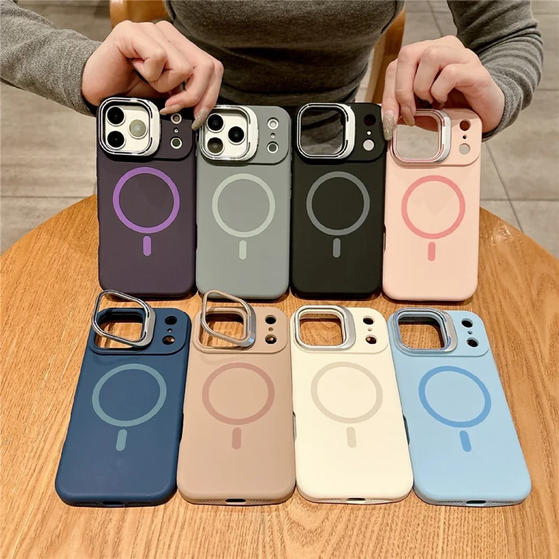 Étui pour iPhone 17 Pro Max compatible MagSafe, housse en silicone liquide avec support intégré dans le cadre de l'objectif - Bleu