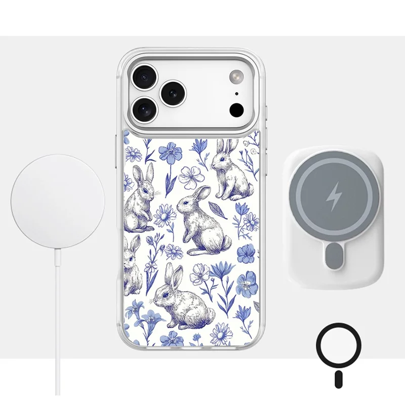 For iPhone 17 Pro Magnetic Case TPU PC Phone Cover with Detachable Sketch Rabbit Pattern Backplate - Purple