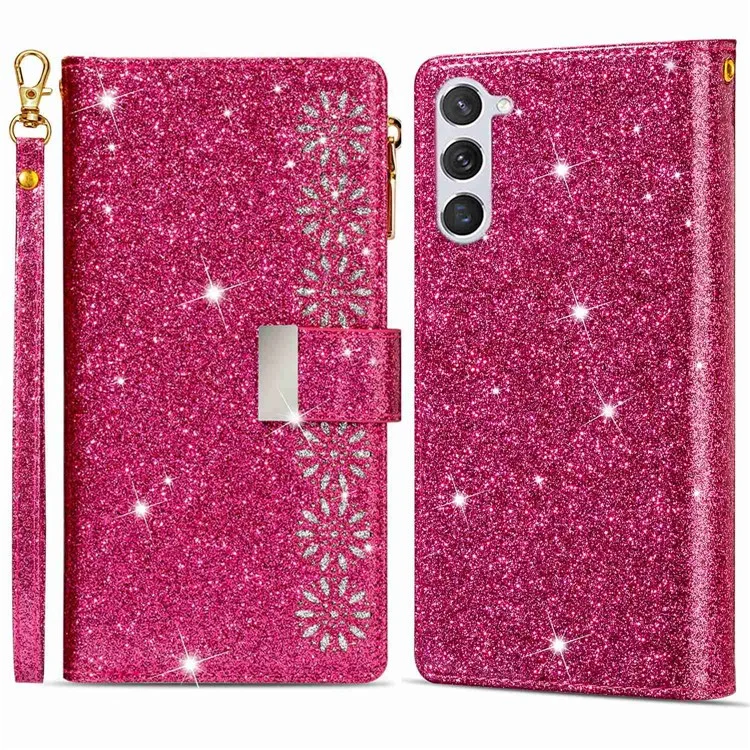 Для Samsung Galaxy S23 PU Leather Phone Case Laser Carving Glittery Starry Style Zipper Flip Wallet Cover Stand Multiple Card Slots with Strap - Rose