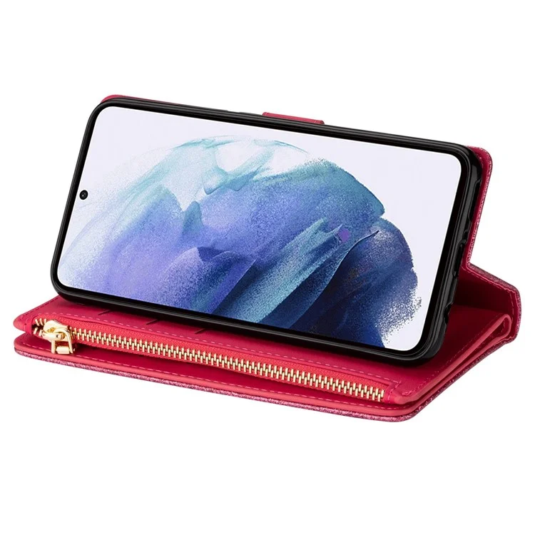 Для Samsung Galaxy S23 PU Leather Phone Case Laser Carving Glittery Starry Style Zipper Flip Wallet Cover Stand Multiple Card Slots with Strap - Rose