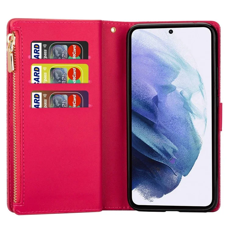 Для Samsung Galaxy S23 PU Leather Phone Case Laser Carving Glittery Starry Style Zipper Flip Wallet Cover Stand Multiple Card Slots with Strap - Rose