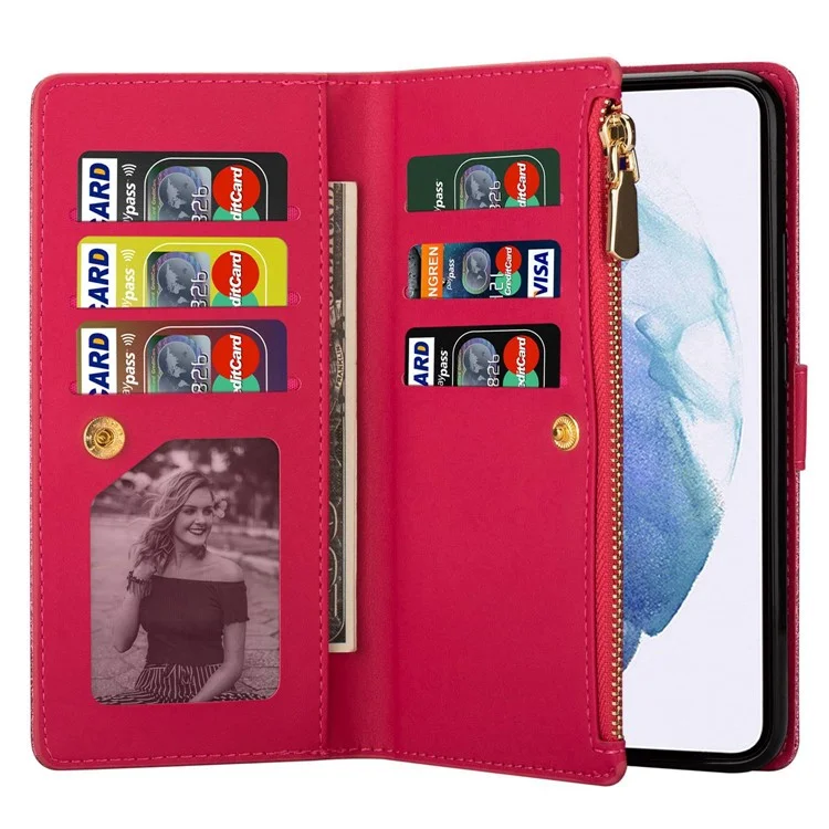 Для Samsung Galaxy S23 PU Leather Phone Case Laser Carving Glittery Starry Style Zipper Flip Wallet Cover Stand Multiple Card Slots with Strap - Rose