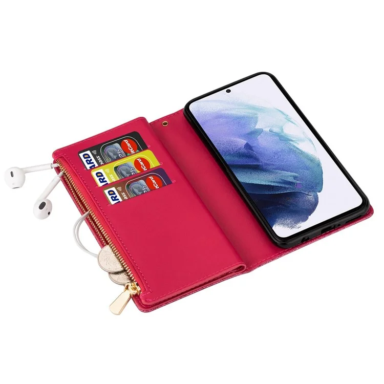 Для Samsung Galaxy S23 PU Leather Phone Case Laser Carving Glittery Starry Style Zipper Flip Wallet Cover Stand Multiple Card Slots with Strap - Rose