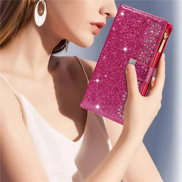 Для Samsung Galaxy S23 PU Leather Phone Case Laser Carving Glittery Starry Style Zipper Flip Wallet Cover Stand Multiple Card Slots with Strap - Rose