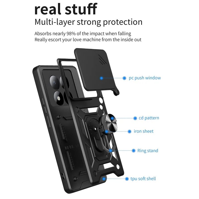 For Xiaomi Redmi Note 15 Pro 4G (Global) Case with Slide Camera Lid PC + TPU Kickstand Phone Cover - Black