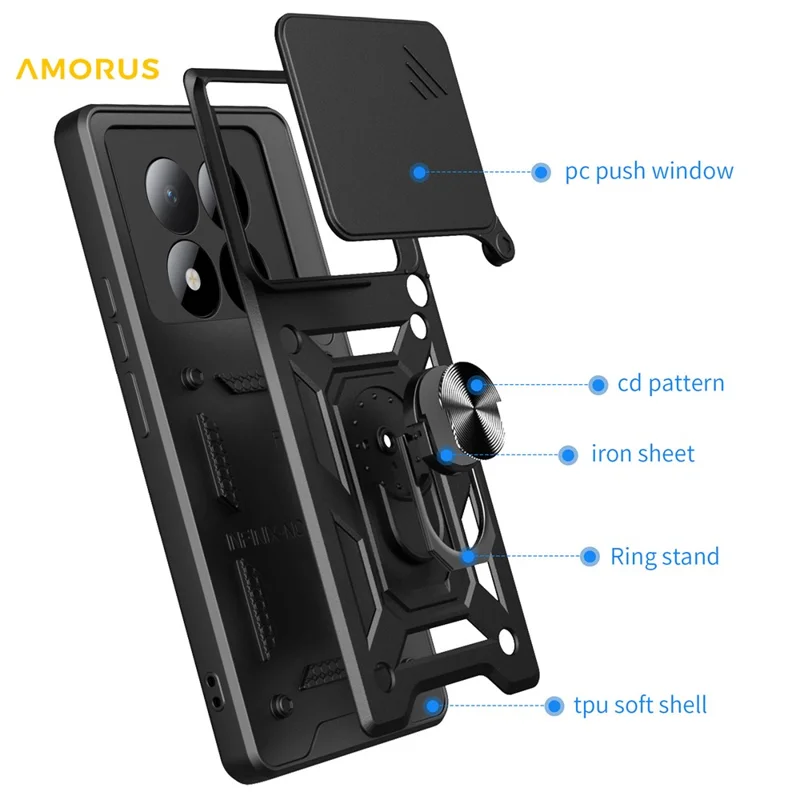 Custodia AMORUS per Xiaomi Redmi Note 15 Pro 4G (Global) con Supporto Girevole, Cover per Telefono in PC + TPU con Scorriobiettivo per Fotocamera - Nero