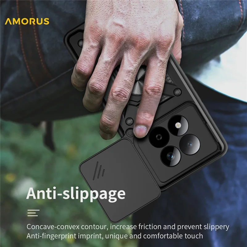 Custodia AMORUS per Xiaomi Redmi Note 15 Pro 4G (Global) con Supporto Girevole, Cover per Telefono in PC + TPU con Scorriobiettivo per Fotocamera - Nero