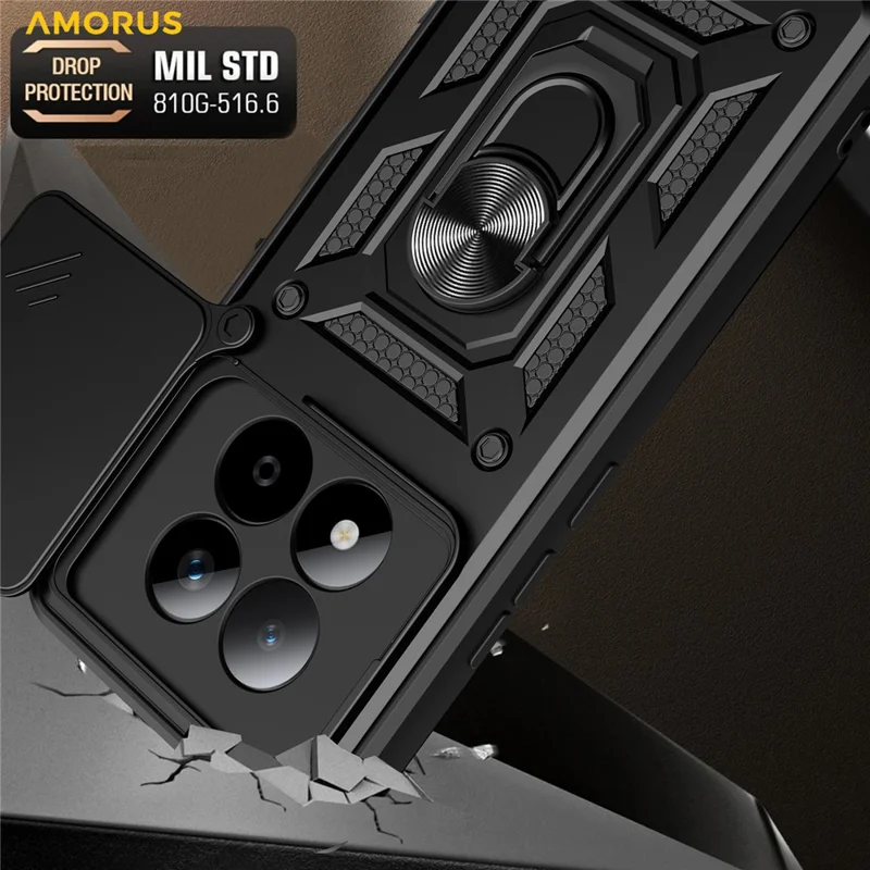 Custodia AMORUS per Xiaomi Redmi Note 15 Pro 4G (Global) con Supporto Girevole, Cover per Telefono in PC + TPU con Scorriobiettivo per Fotocamera - Nero