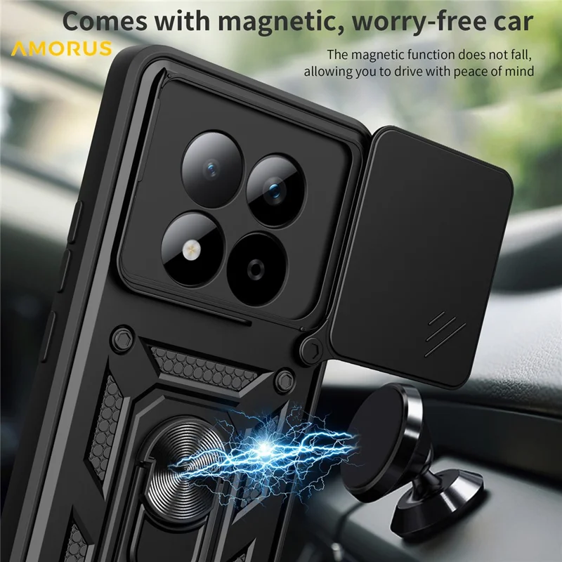 Custodia AMORUS per Xiaomi Redmi Note 15 Pro 4G (Global) con Supporto Girevole, Cover per Telefono in PC + TPU con Scorriobiettivo per Fotocamera - Nero