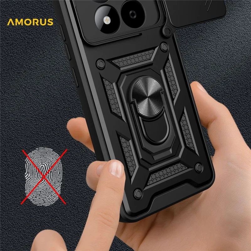 Custodia AMORUS per Xiaomi Redmi Note 15 Pro 4G (Global) con Supporto Girevole, Cover per Telefono in PC + TPU con Scorriobiettivo per Fotocamera - Nero