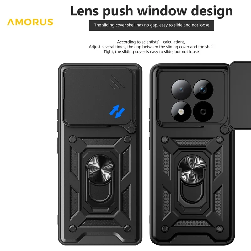 Custodia AMORUS per Xiaomi Redmi Note 15 Pro 4G (Global) con Supporto Girevole, Cover per Telefono in PC + TPU con Scorriobiettivo per Fotocamera - Nero