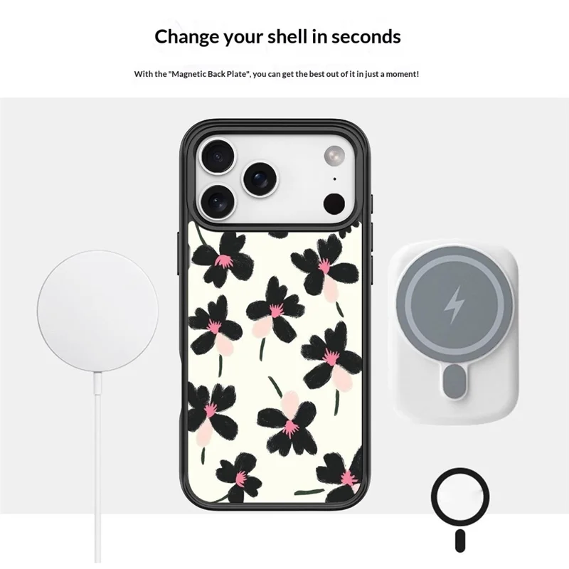 For iPhone 17 Pro Max Magnetic Case TPU PC Phone Cover with Detachable Oil Painting Flowers Pattern Backplate - Black