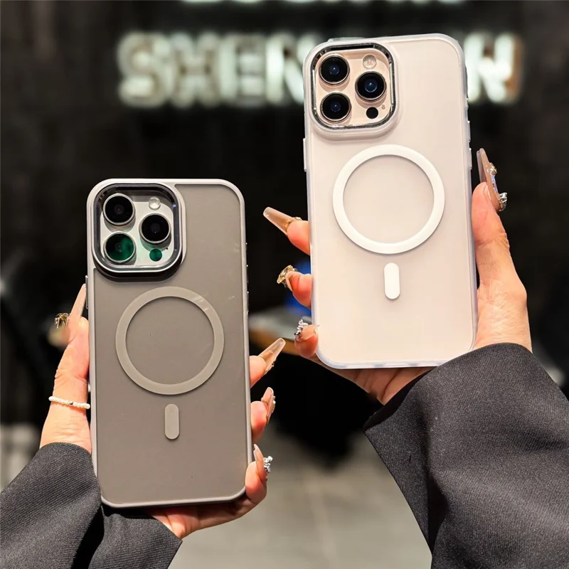 Coque magnétique pour iPhone 16 Pro Max, housse arrière hybride avec effet peau, compatible MagSafe - Gris