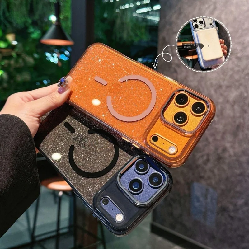 Coque magnétique pour iPhone 17 Pro Max, coque transparente avec paillettes, résistante aux chocs, en TPU et PC, compatible MagSafe - Noir