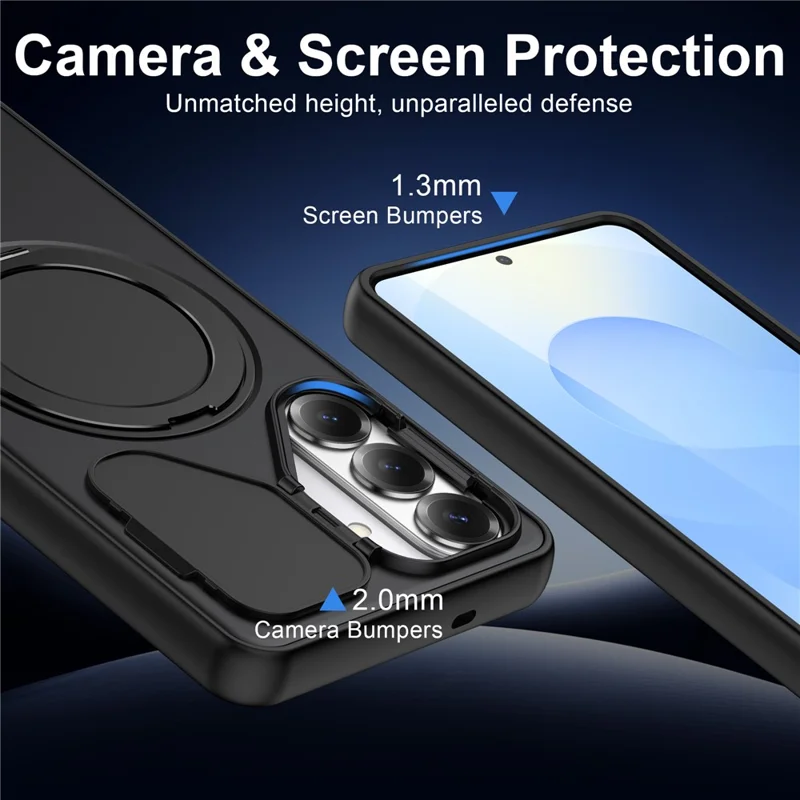 For Samsung Galaxy S26 Magnetic Case TPU + PC Rotary Kickstand Phone Cover with Camera Shield - Black