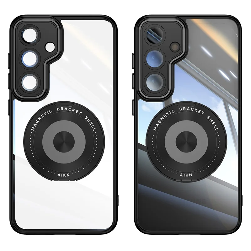 For Samsung Galaxy S26 Magnetic Case PC + TPU Phone Cover with Rotating Metal Kickstand, Lens Protector - Black