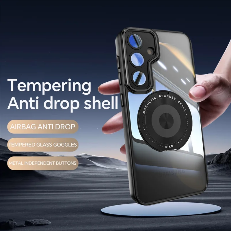 For Samsung Galaxy S26 Magnetic Case PC + TPU Phone Cover with Rotating Metal Kickstand, Lens Protector - Black