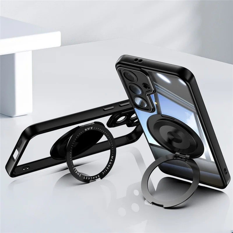 For Samsung Galaxy S26 Magnetic Case PC + TPU Phone Cover with Rotating Metal Kickstand, Lens Protector - Black