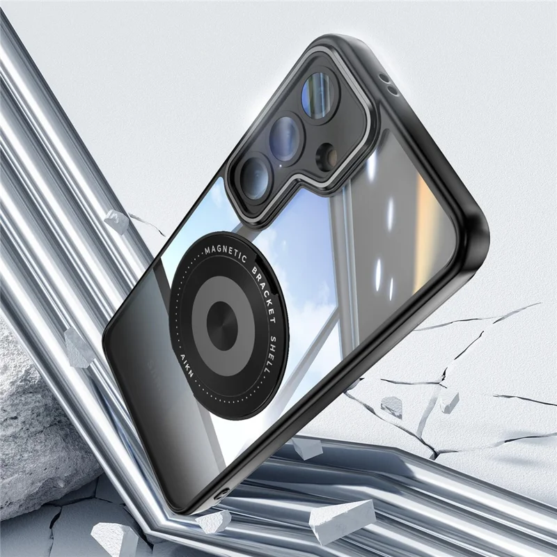 For Samsung Galaxy S26 Magnetic Case PC + TPU Phone Cover with Rotating Metal Kickstand, Lens Protector - Black