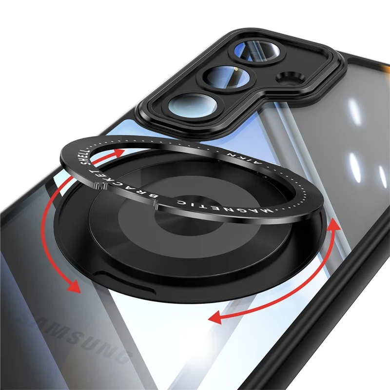 For Samsung Galaxy S26 Magnetic Case PC + TPU Phone Cover with Rotating Metal Kickstand, Lens Protector - Black