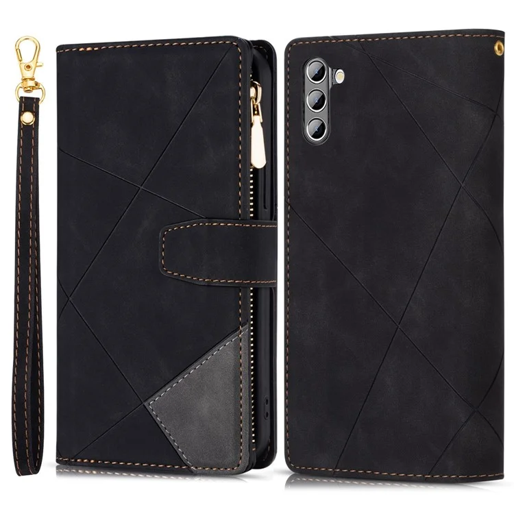Étui de Téléphone de Portefeuille en Cuir Pour Samsung Galaxy S23 5G Couvoir de Protection Anti-bas Couleur D'épissage Support de Ligne D'empreinte Case de Téléphone Avec Poche à Fermeture Éclair - le Noir