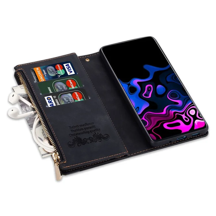 Étui de Téléphone de Portefeuille en Cuir Pour Samsung Galaxy S23 5G Couvoir de Protection Anti-bas Couleur D'épissage Support de Ligne D'empreinte Case de Téléphone Avec Poche à Fermeture Éclair - le Noir