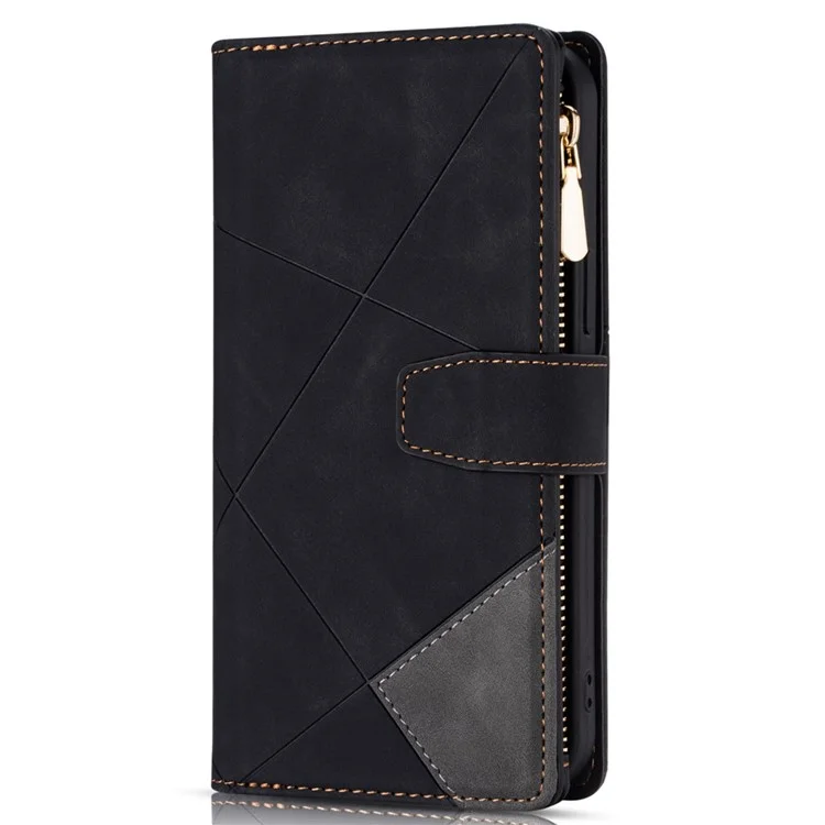 Étui de Téléphone de Portefeuille en Cuir Pour Samsung Galaxy S23 5G Couvoir de Protection Anti-bas Couleur D'épissage Support de Ligne D'empreinte Case de Téléphone Avec Poche à Fermeture Éclair - le Noir