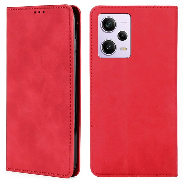 PU Leather Cover for Xiaomi Redmi Note 12 Pro 5G  / Note 12 Pro Speed 5G / Poco X5 Pro 5G, Drop Proof Skin-touch Feeling Stand Hidden Magnetic Adsorption Flip Case with Card Holder - Red