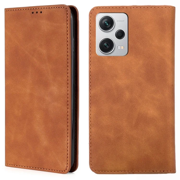 PU Leather Cover for Xiaomi Redmi Note 12 Pro+ 5G Foldable Stand Skin-touch Feeling Hidden Magnetic Adsorption Flip Case with Card Holder - Light Brown