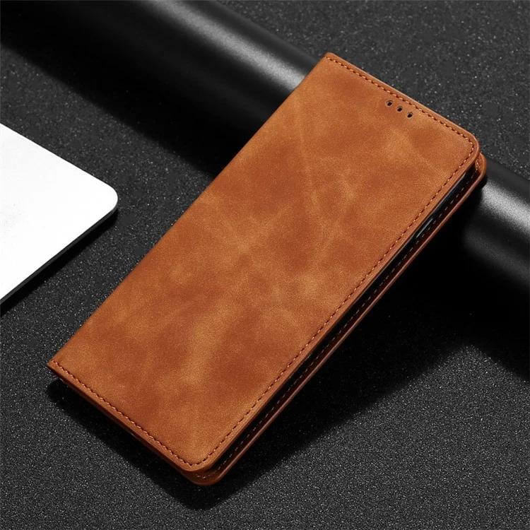 PU Leather Cover for Xiaomi Redmi Note 12 Pro+ 5G Foldable Stand Skin-touch Feeling Hidden Magnetic Adsorption Flip Case with Card Holder - Light Brown