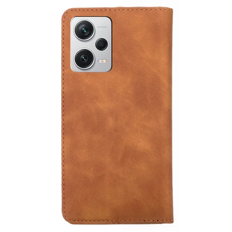 PU Leather Cover for Xiaomi Redmi Note 12 Pro+ 5G Foldable Stand Skin-touch Feeling Hidden Magnetic Adsorption Flip Case with Card Holder - Light Brown