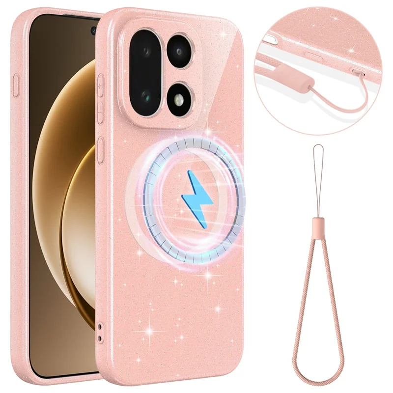 Coque magnétique pour OnePlus 15 5G, coque TPU résistante aux chocs avec lanière et paillettes - Rose