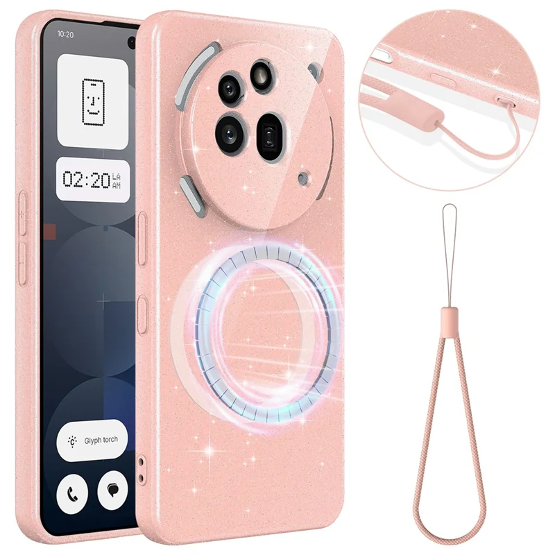 For Nothing Phone (3a) Pro Magnetic Case Glitter TPU Shockproof Phone Cover with Lanyard - Pink
