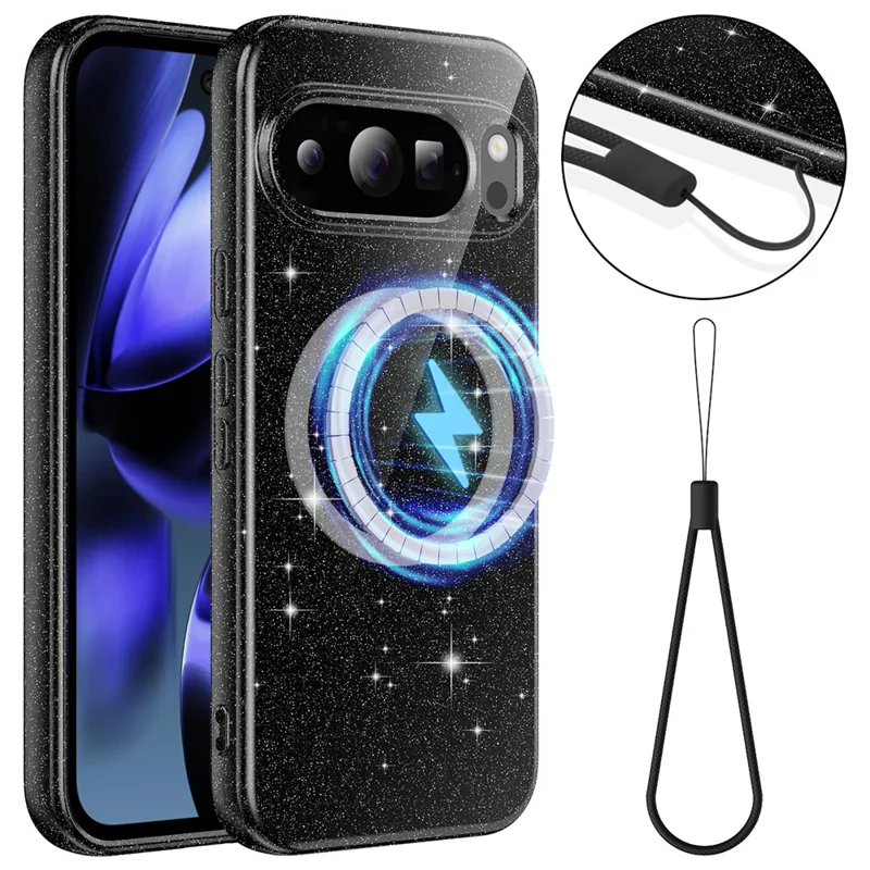For Google Pixel 10 Pro XL Magnetic Case Glitter TPU Shockproof Phone Cover with Lanyard - Black